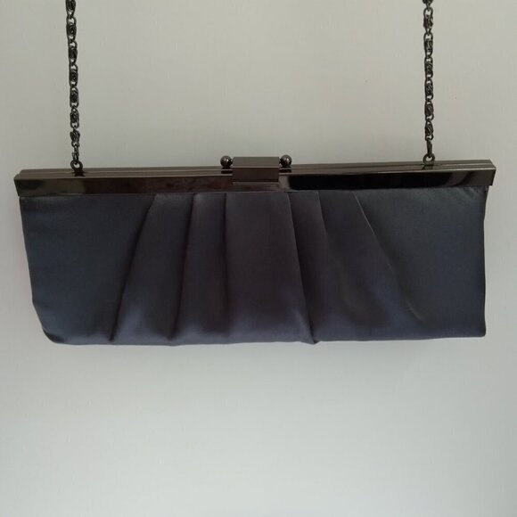 'Blaire' Slate Grey Satin & Gunmetal Silver Shoulder Strap Frame Clutch Bag - Picture 7 of 10
